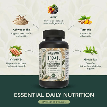 40 Plus Multivitamin for Women & Men with Vitamin A, D, B6, B12, E, Zinc, Magnesium, Calcium - Vegan, Gluten Free Elements of LIfe