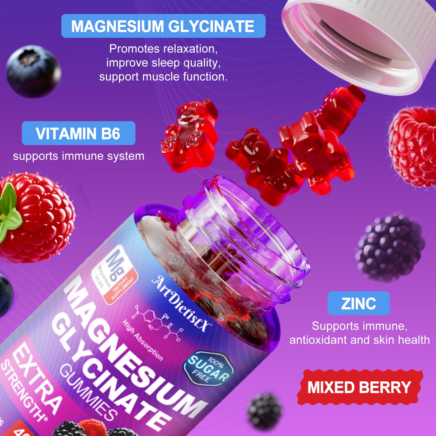 Magnesium Glycinate Gummies 400mg, Sugar Free Mаgnеsium Gummiеs for Adults with Magnesium Malate, Zinc, and Vitamin B6 for Sleep, Body Support and Relaxation, Non GMO, 60 Count-Multi-Flavor ArtDietistXBuy Supplements Australia