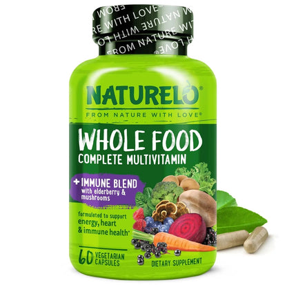 NATURELO Whole Food Multivitamin + Immune Blend with Elderberry & Mushrooms - Complete Multivitamin with Extra Immune Support NATURELO