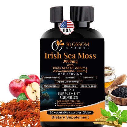 10-in-1 Irish Sea Moss Veggie Caps 3000mg Black Seed Oil Ashwagandha Bladderwrack Burdock Turmeric Apple Cider Vinegar Manuka Honey Dandelion Black Pepper - Made in US(Veggie Caps, Unflavored) Blossom NatureBuy Supplements Australia