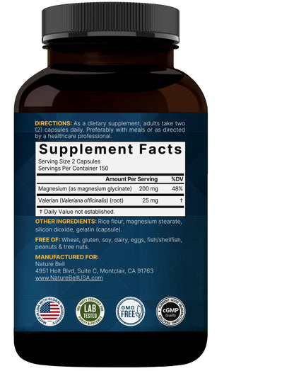 Pure Magnesium Glycinate for Sleep, 200mg with Valerian Root, 300 Capsules | 100% Chelated & Purified Mineral Supplement – Ultra High Absorption – Non-GMO, Gluten Free NatureBellBuy Supplements Australia