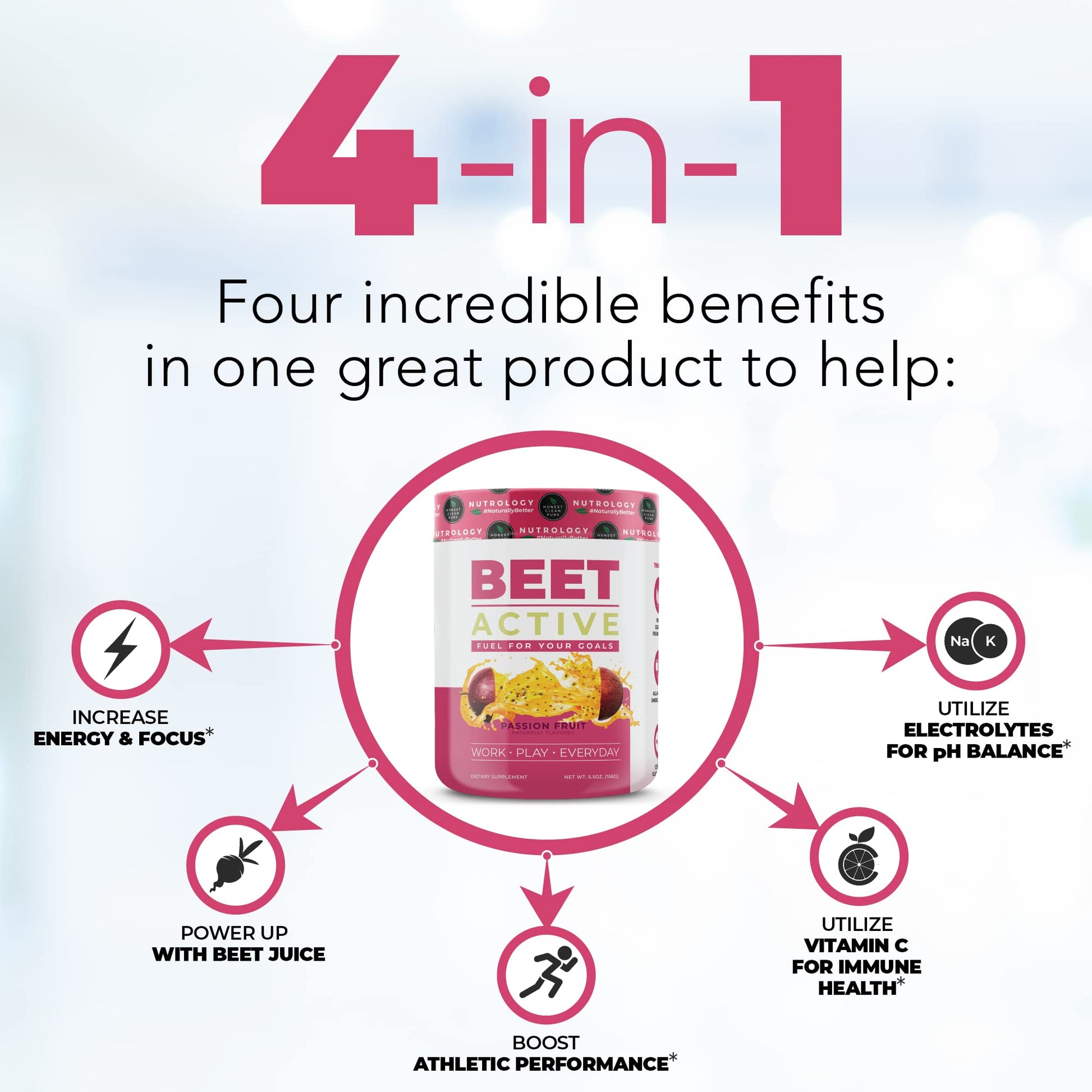 Nutrology Beet Active, Natural Pre-Workout Powder, Supports Energy, Endurance & Nitric Oxide Flow with Beet Powder, Yerba Mate & Electrolytes, Vegan Pre Workout, Passion Fruit Flavor, 30 Servings