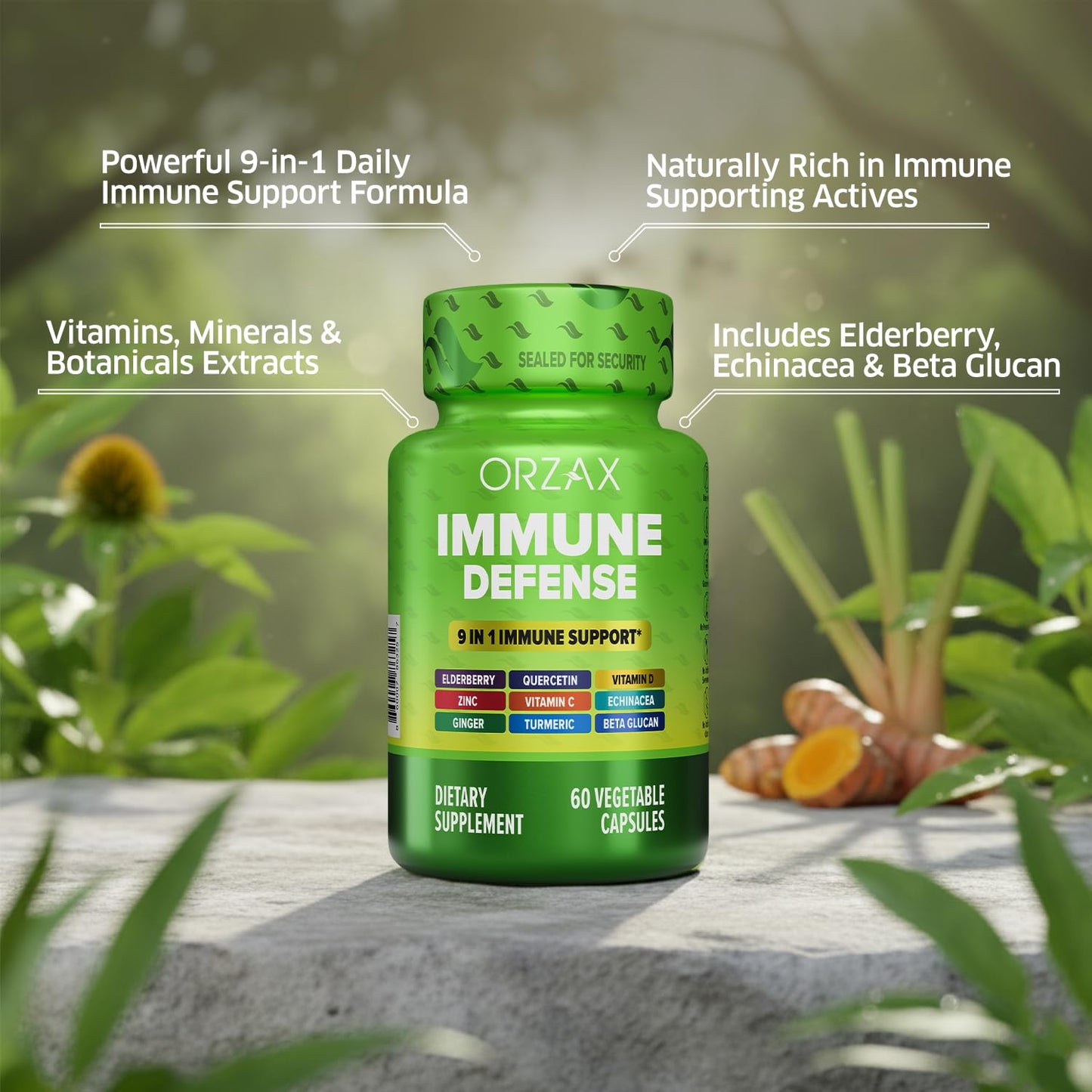 ORZAX 9 in 1 Immune Defense Booster Herbal Supplement, Specialized High Strength Formula - Vitamin C & D, Zinc, Quercetin, Turmeric & Ginger, Echinacea - Non-GMO - 60 Veggie Capsules - 30 Day Supply ORZAXBuy Supplements Australia