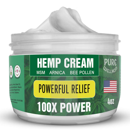 Pure Wellness Hemp Cream Maximum Strength 100,000mg with MSM, Arnica & Bee Pollen - 4 Oz, Supports Relief & Soothing from Joint, Muscle, Shoulder, Back, Knee and Nerve Discomfort - 1 Pack Pure WellnessBuy Supplements Australia