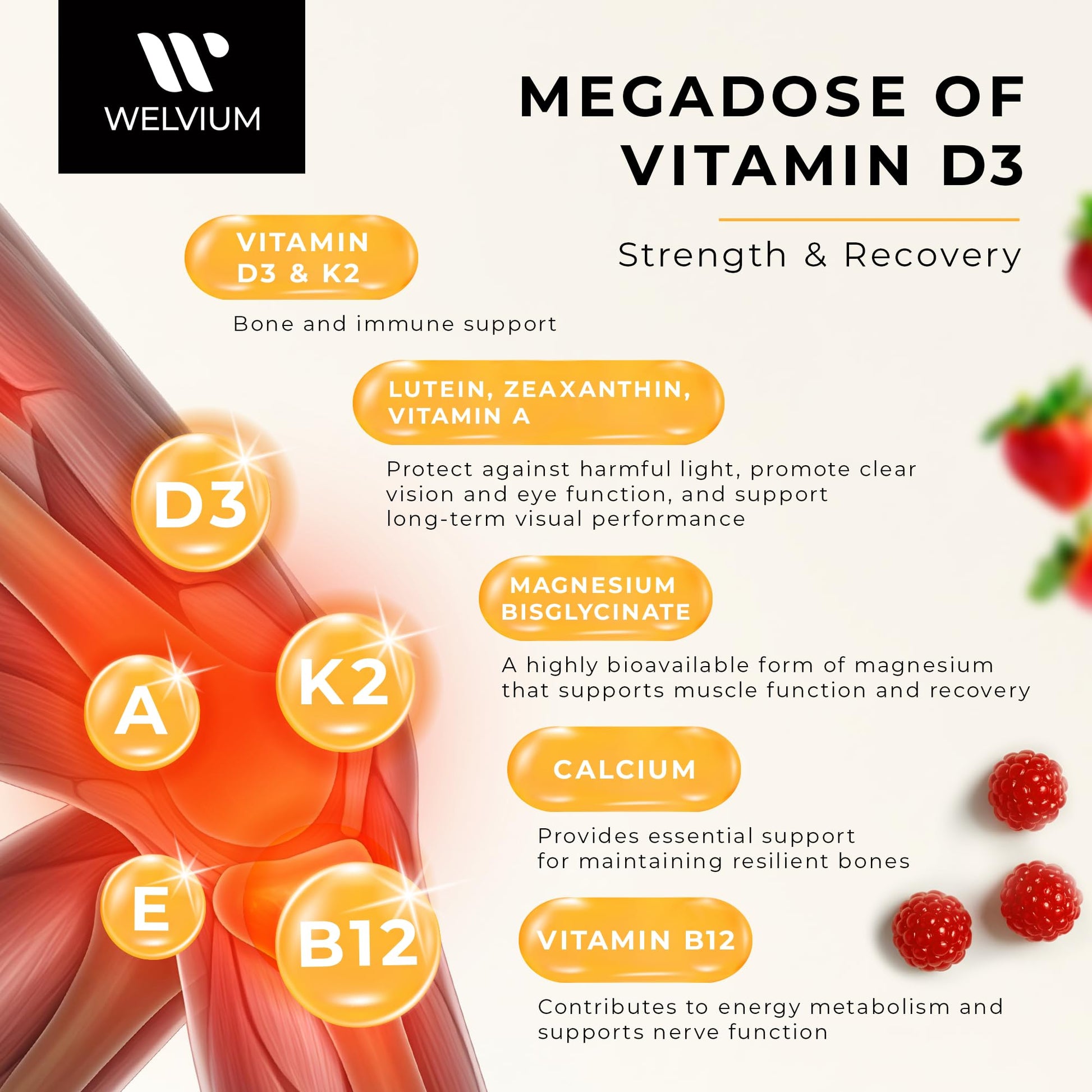 WELVIUM Vitamin D3 K2 Gummies 10000 IU with Magnesium Glycinate, Calcium, B12, K2 MK-7, Vitamins A, E, Lutein, Zeaxanthin - ADK Chewable Supplement for Bone, Eye, Immune Support - D3K2 Gummies WELVIUMBuy Supplements Australia