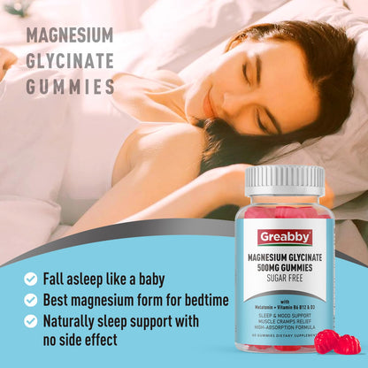 Greabby Magnesium Glycinate Gummies 500mg for Adults Sleep Support, Chewable Magnesium Gummies for Women & Men