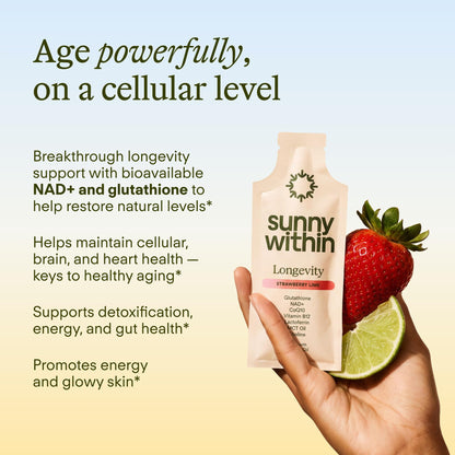Sunny Within - Liposomal Glutathione Supplement NAD+ Longevity Mix w/Liquid NAD+, CoQ10, B12, MCT & Avocado Oil – Cellular Health, Energy, Brain, Gut & Heart Support* – Strawberry Lime – 30 Pouches Sunny WithinBuy Supplements Australia