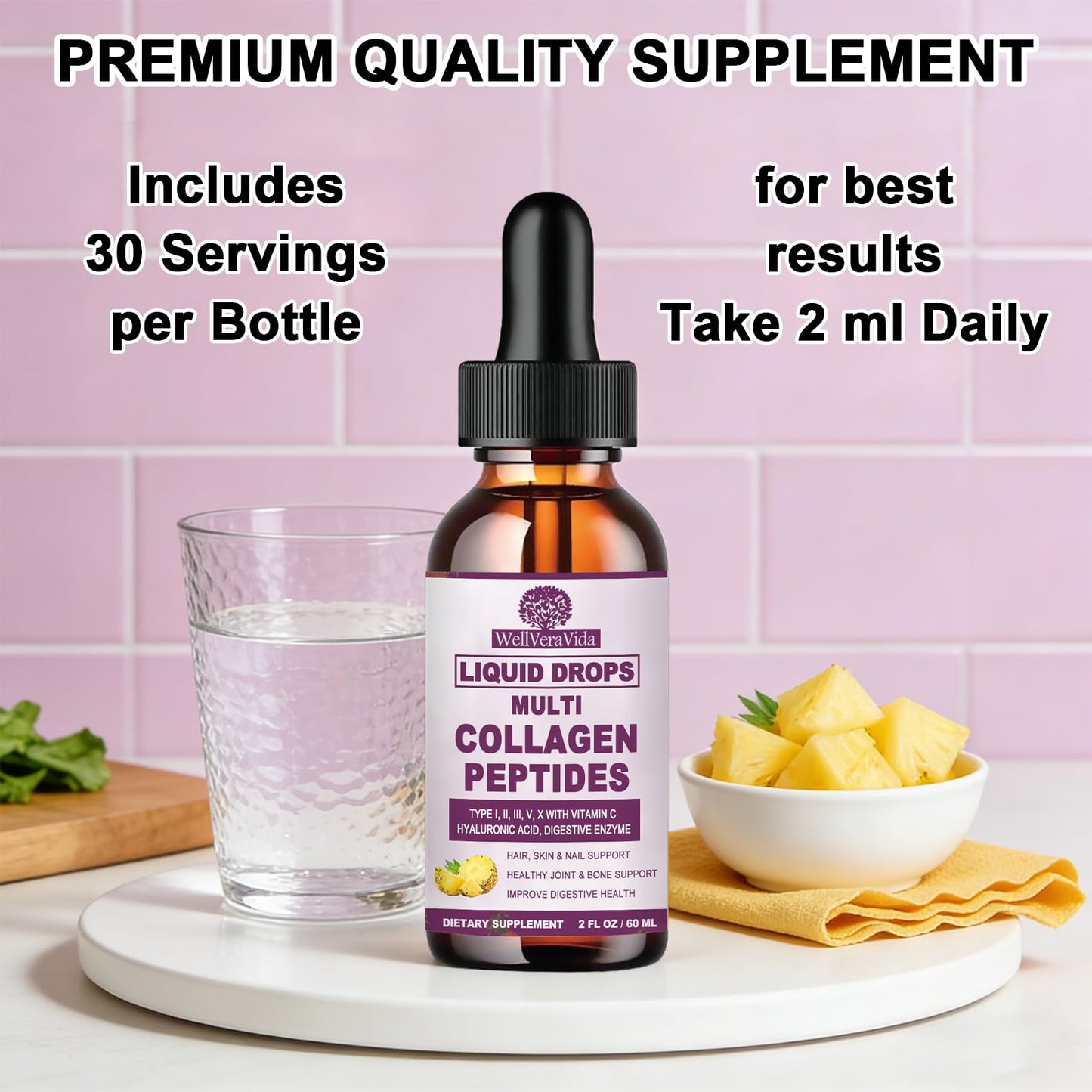 Multi Collagen Peptides Liquid Drops, 2oz – Types I, II, III, V, X, Hydrolyzed Collagen Complex for Hair, Skin, Nails, Bones & Joint Support | Collagen Supplement w. Hyaluronic Acid, Biotin, Vitamin C WellVeraVidaBuy Supplements Australia