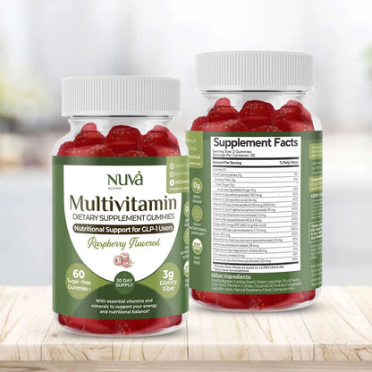 NuVa GLP-1 Support Multivitamin Gummies for Men & Women: Raspberry, Sugar-Free, 3g Fiber for Digestion & Gut Health NuVa