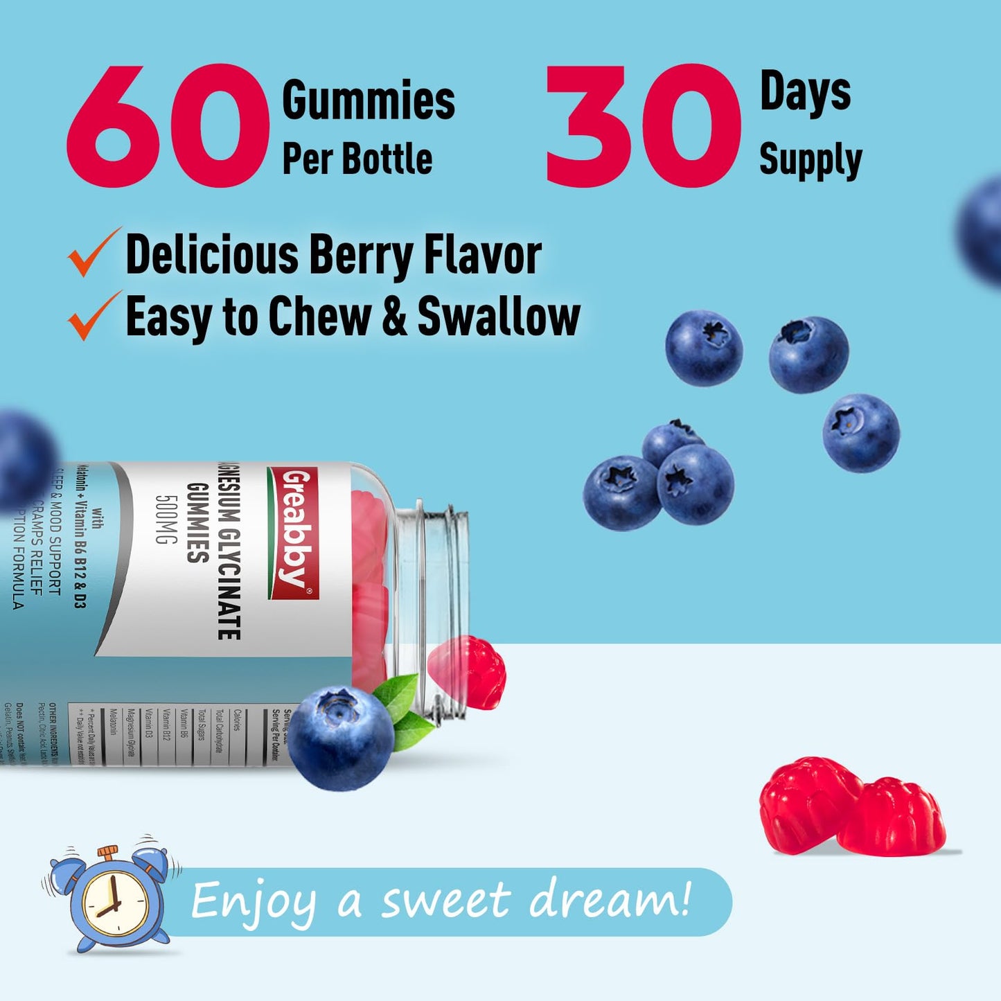Greabby Magnesium Glycinate Gummies 500mg for Adults Sleep Support, Chewable Magnesium Gummies for Women & Men