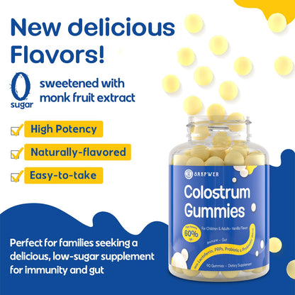 Sakpwer Bovine Colostrum Supplement Gummies - with 60% Highest IgG, Lactoferrin, Probiotics and Prebiotics for Adults and Kids, Vanilla Flavor & Sugar Free, 90 Gummies SakpwerBuy Supplements Australia