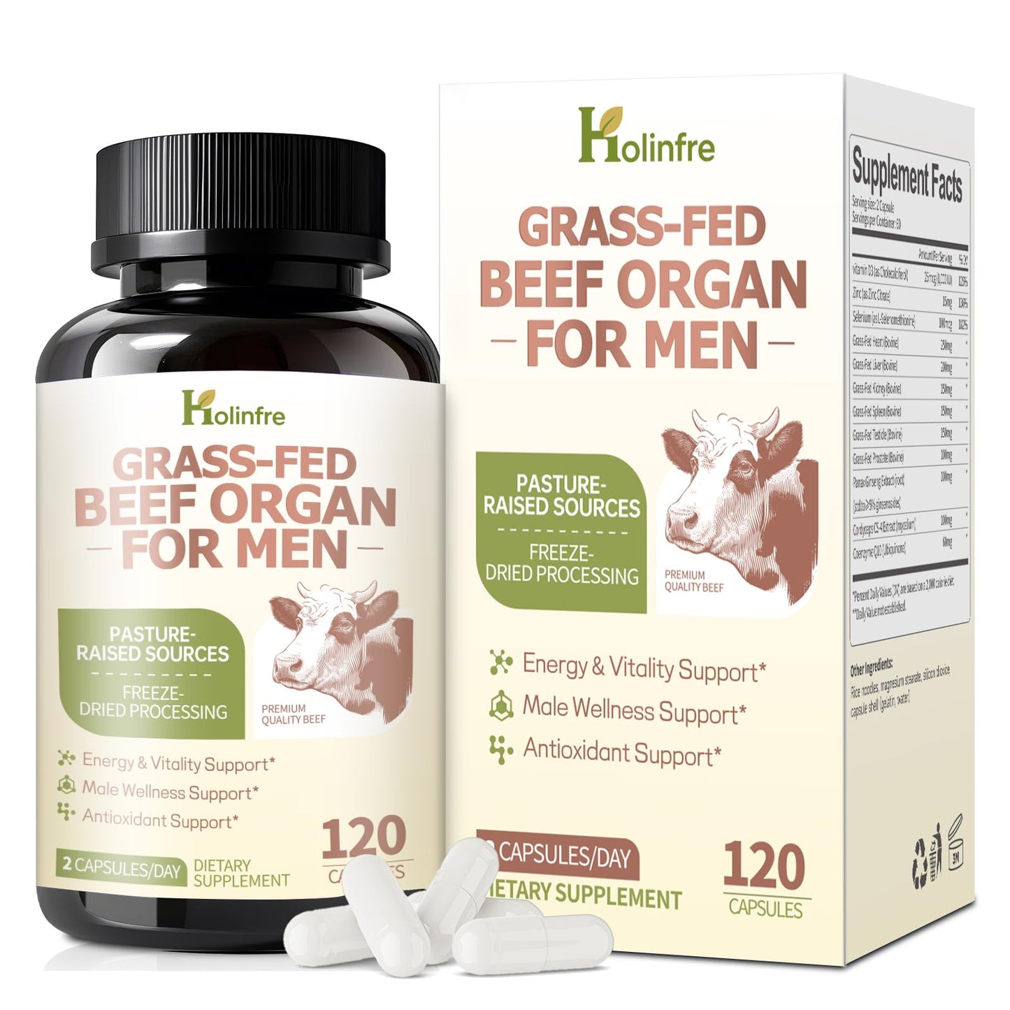 Grass Fed Beef Organ Supplement for Men - Beef Liver Capsules,Pasture Raised Beef Organs with Heart, Liver, Kidney, Spleen, Testicle & Prostate, Zinc, Selenium, Vitamin D3, Ginseng, Cordyceps HOLINFREBuy Supplements Australia