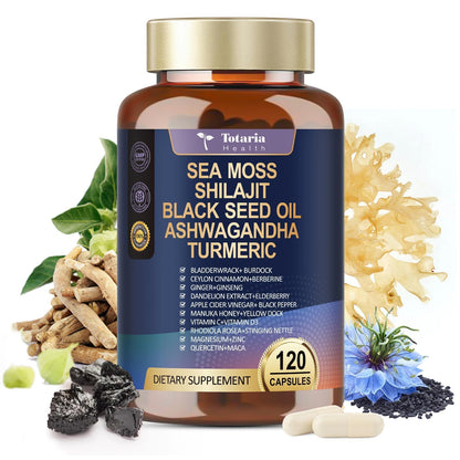 25-in-1 Sea Moss Black Seed Oil Ashwagandha Ginger Shilajit Supplement, Sea Moss Capsules Pro with Bladder Burdock Ceylon Cinnamon Berberine ACV Manuka VIT C & D3 for Men Women, 120 Vegan Caps TotariaBuy Supplements Australia
