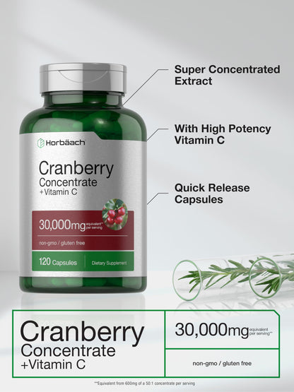 Cranberry Concentrate Extract Pills + Vitamin C | 30,000mg | 120 Capsules | Triple Strength HorbäachBuy Supplements Australia