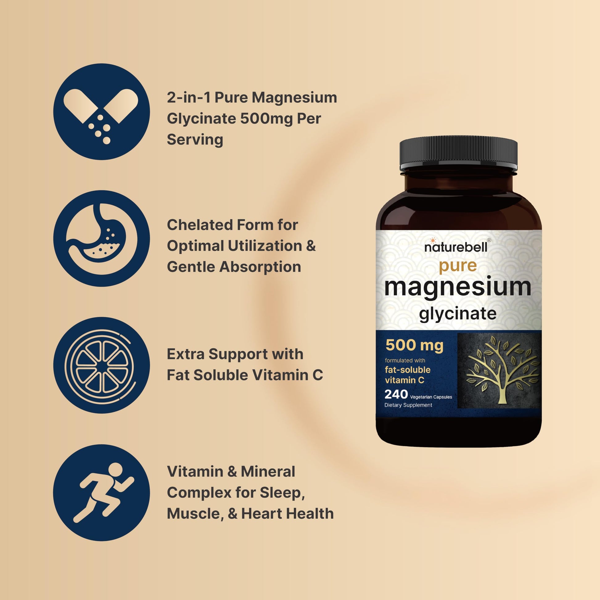 Naturebell Pure Magnesium Glycinate 500mg, 240 Veggie Capsules | 100% Chelated & Purified – 3rd Party Tested, Vegan Friendly, Non-GMO, Fiiler Free NatureBellBuy Supplements Australia