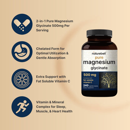 Naturebell Pure Magnesium Glycinate 500mg, 240 Veggie Capsules | 100% Chelated & Purified – 3rd Party Tested, Vegan Friendly, Non-GMO, Fiiler Free NatureBellBuy Supplements Australia