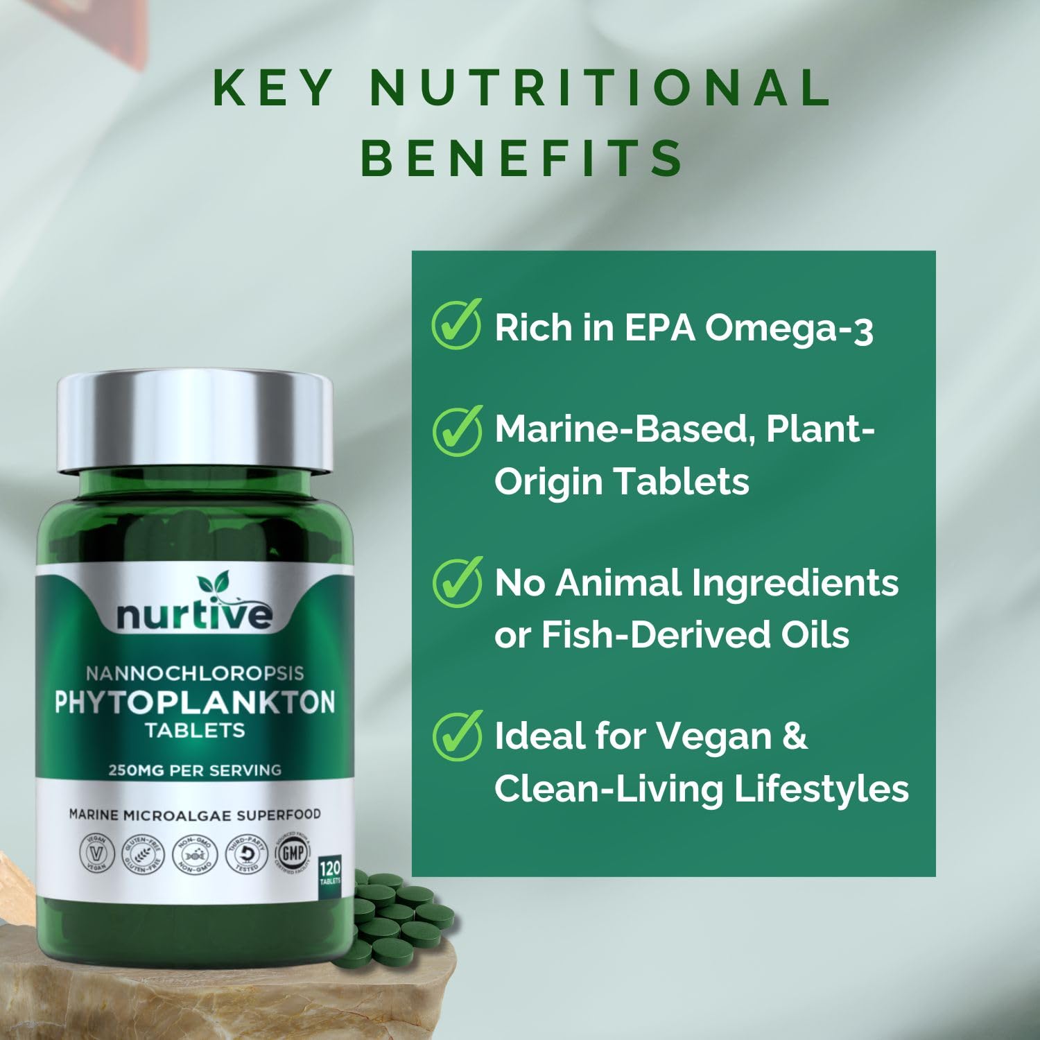 NURTIVE Nannochloropsis Phytoplankton Tablets – 250mg per Serving – Vegan, Gluten-Free, Non-GMO, No Fillers – Third-Party Tested, GMP Certified – 2 Tablets/Day for 2 Month, 120 Tablets/Bottle NURTIVEBuy Supplements Australia