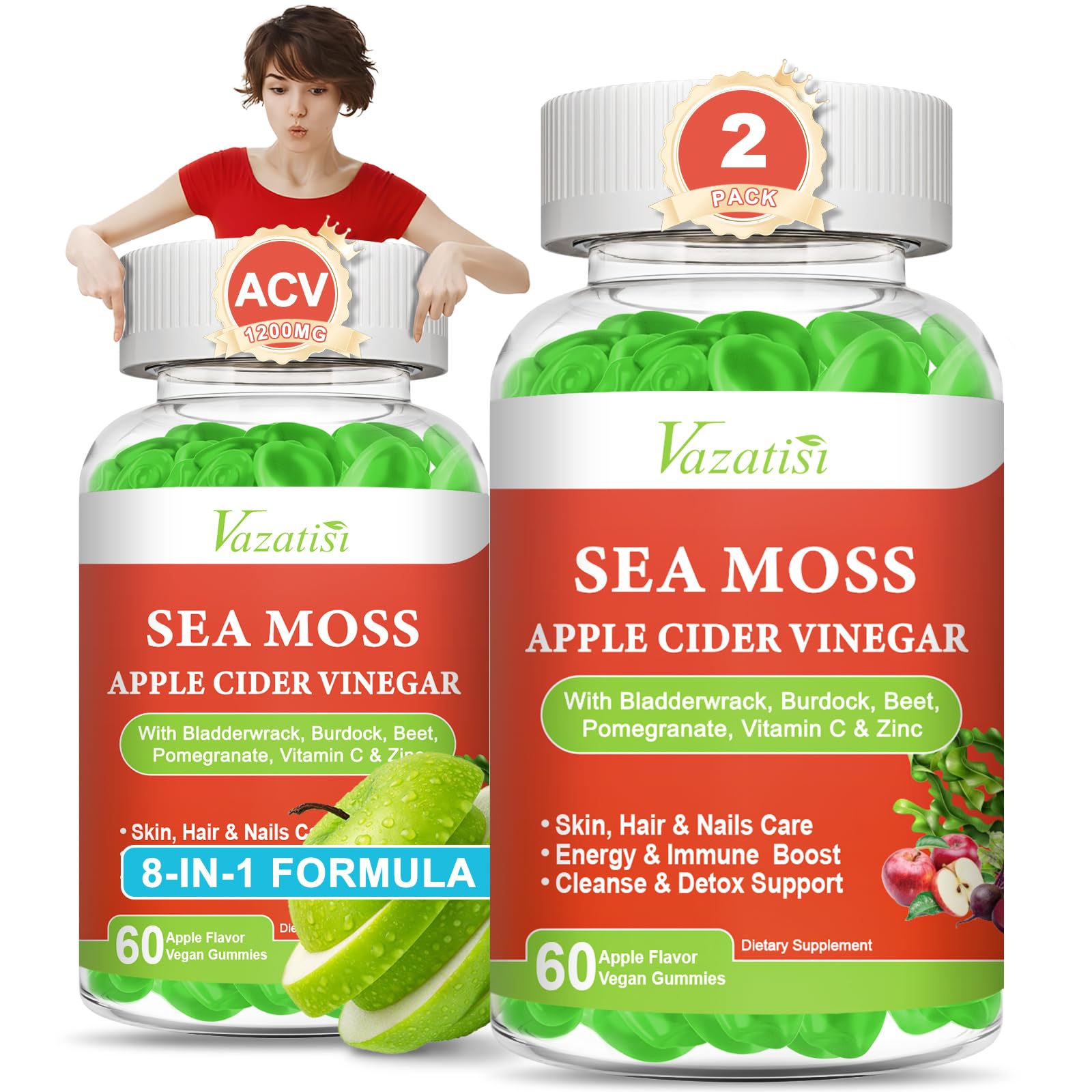 Vazatisi 2 Pack Apple Cider Vinegar Gummies, ACV with Sea Moss Gummies for Metabolism, Digestion, Detox, Gut & Immune Health, Apple Flavored -120 Count VazatisiBuy Supplements Australia