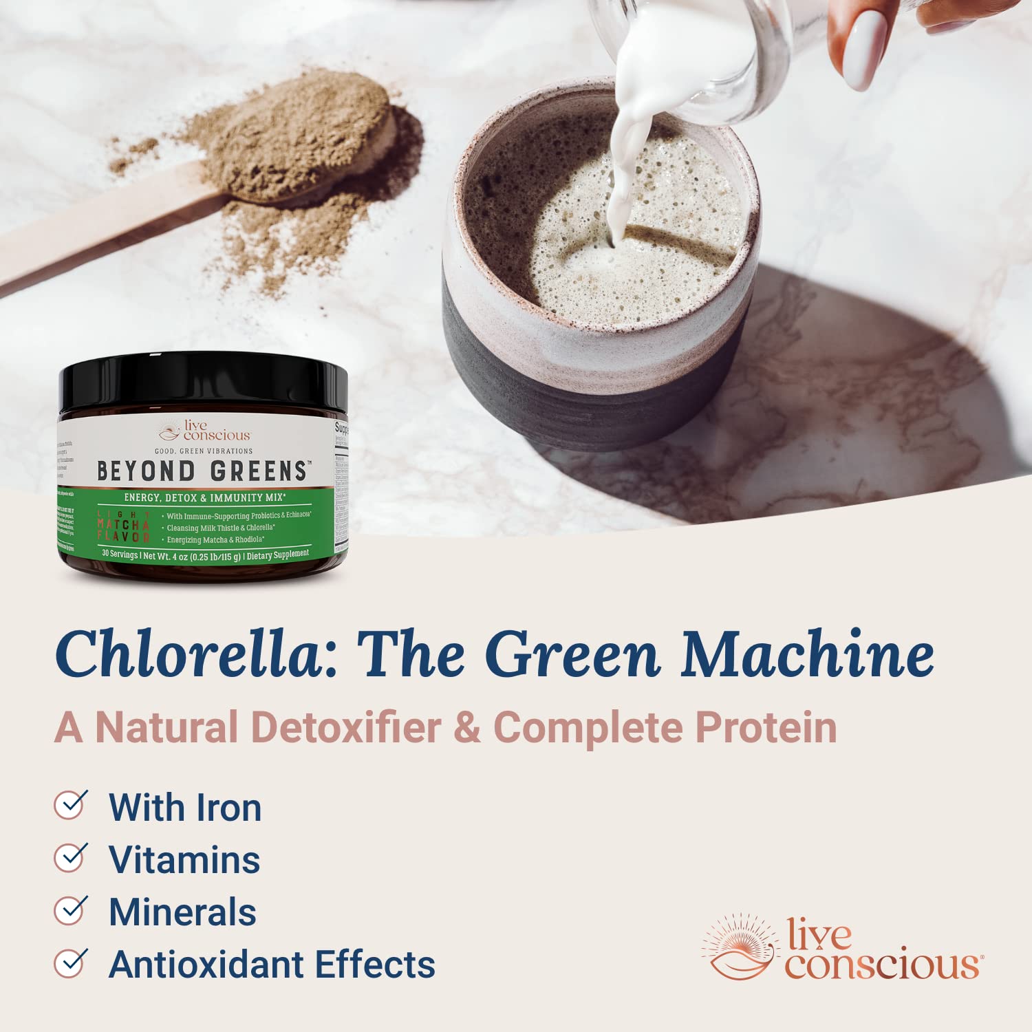 Live Conscious Beyond Greens Superfood Powder - Delicious Debloating Super Greens Powder - Matcha Greens Blend w/Chlorella, Echinacea, Probiotics for Immune Support & Energy Live ConsciousBuy Supplements Australia