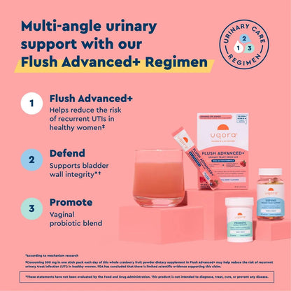 Uqora Flush Advanced+ Regimen with Flush Advanced+ - Cranberry to Reduce Risk of Recurrent UTI** - Defend & Promote - D-Mannose, Vitamin C, Green Tea Extract & Probiotics - 3-Part Bundle UqoraBuy Supplements Australia