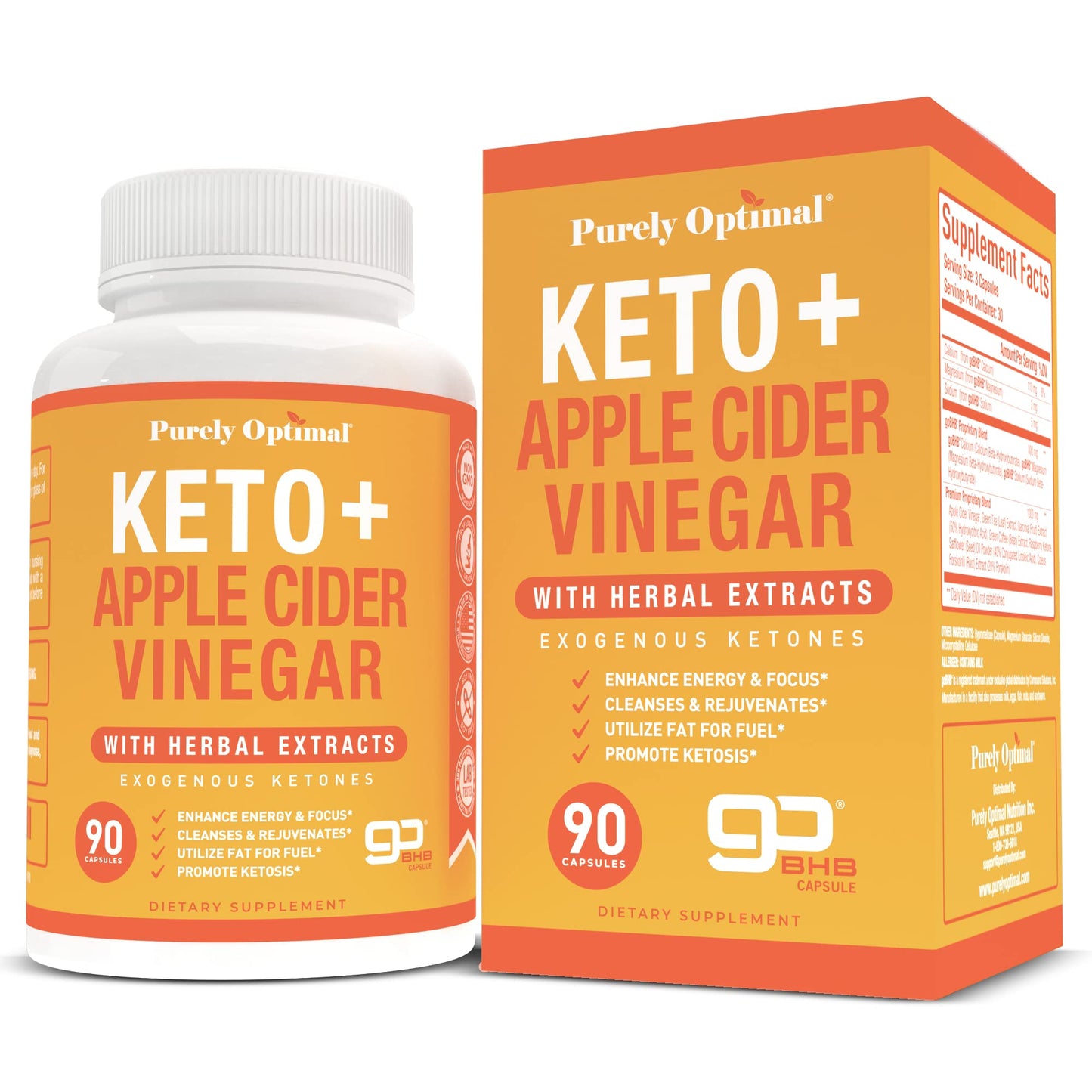 Purely Optimal Premium Keto+Apple Cider Vinegar Pills - Promote Ketosis, Boost Energy 