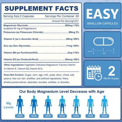 NATURE TARGET Magnesium Glycinate 500mg, Chelated Magnesium with Zinc & Vitamin D3 for Muscle, Nerve & Bone, Support Heart Health & Leg Cramp, Strength Immune System - 120 Capsules NATURE TARGETBuy Supplements Australia