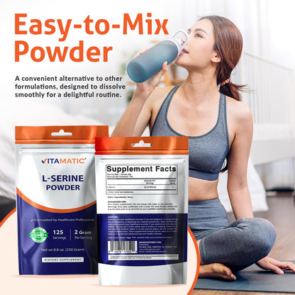 Vitamatic L-Serine Pure Powder 250 Gram | 2000 mg per Serving | 125 Servings | Unflavored | No Additives | Free of Soy, Eggs, Fish & Artificial Ingredients VitamaticBuy Supplements Australia
