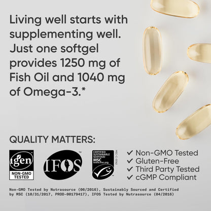 Sports Research® Omega-3 Fish Oil 1250 - Triple Strength Fish Oil Supplement from Wild Alaska Pollock - MSC Certified Sustainable