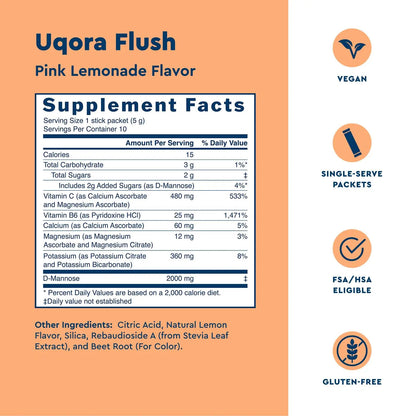 Uqora Flush - Urinary Tract* with D-Mannose, Vitamin C, Vitamin B6, Potassium, Magnesium & Calcium - Gluten-Free & Vegan - Pink Lemonade Flavor - 20 Packets (2 Pack) UqoraBuy Supplements Australia