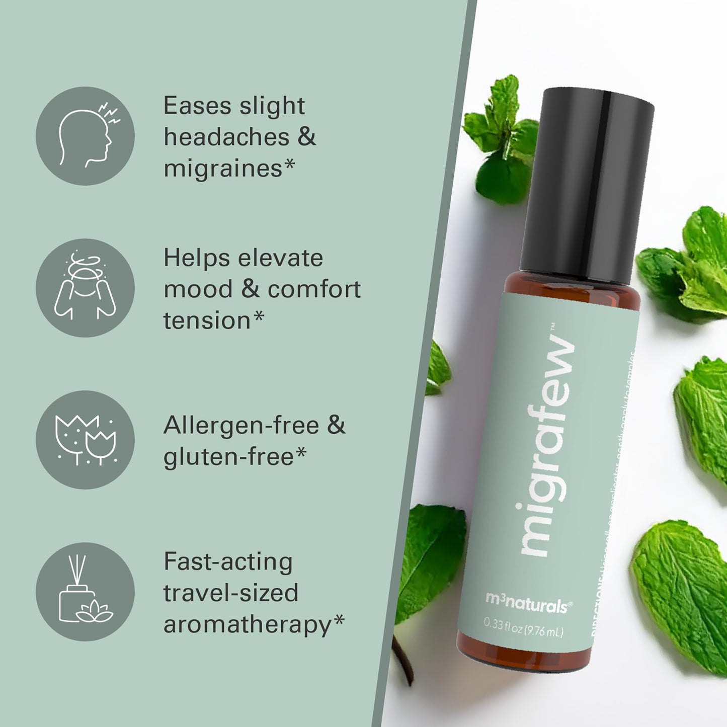 MigraFew Aromatherapy Migraine Roll On | Compact Headache Relief with Cooling Metal Roller for Head Tension and Pressure, Made with Peppermint, Spearmint and Lavender Essential Oils (0.33 FL oz) by M3 M3 NaturalsBuy Supplements Australia