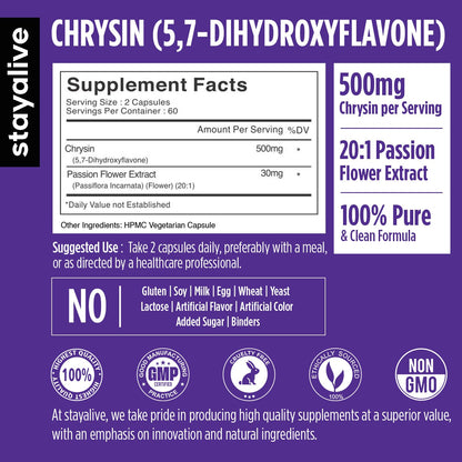 STAY ALIVE Chrysin Supplement 500mg & Passion Flower Extract Powder, 5,7-Dihydroxyflavone, Non-GMO and Gluten-Free Chrysin for Men and Women, 120 Capsules STAY ALIVEBuy Supplements Australia
