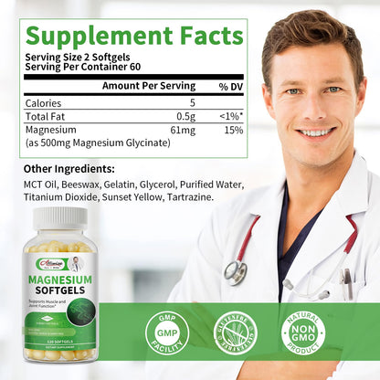 Magnesium Glycinate 500mg Softgels Supplement, Small Easy to Swallow Magnesium Gelcaps High Absorption for Night Leg&Sleep Support, Muscle&Bone, Calm, Non GMO, 120 Gelcaps, 60 Day Supply AlliwiseBuy Supplements Australia