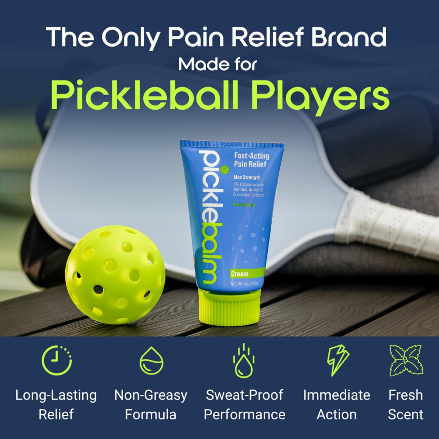 PickleBalm Pickleball Post-Game Muscle Pain Relief Cream with 4% Lidocaine, Arnica, Menthol, Cucumber Seed Extract for Shoulders, Knees, Wrists, and More, 4oz Cream PickleBalmBuy Supplements Australia