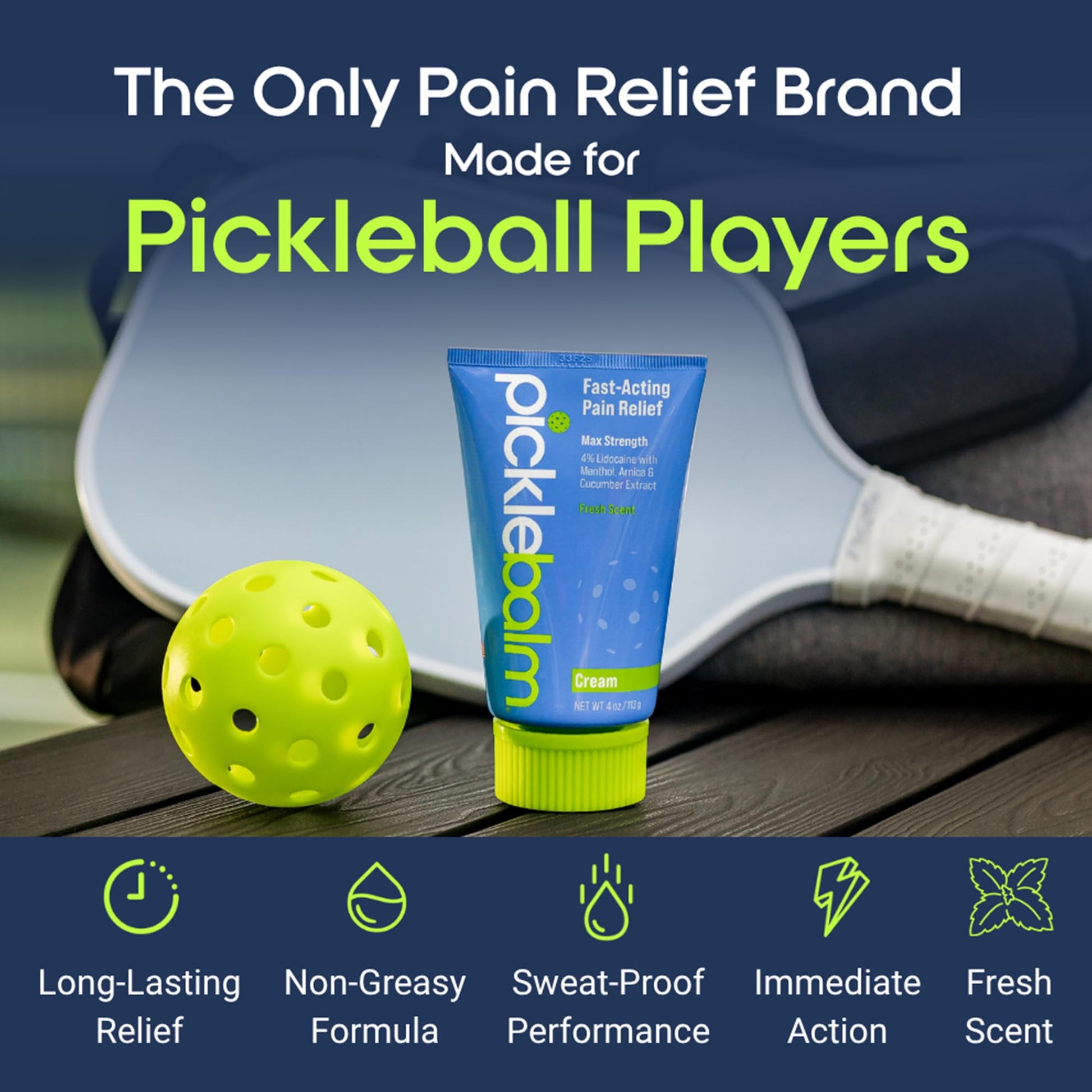 PickleBalm Pickleball Post-Game Muscle Pain Relief Cream with 4% Lidocaine, Arnica, Menthol, Cucumber Seed Extract for Shoulders, Knees, Wrists, and More, 4oz Cream PickleBalmBuy Supplements Australia