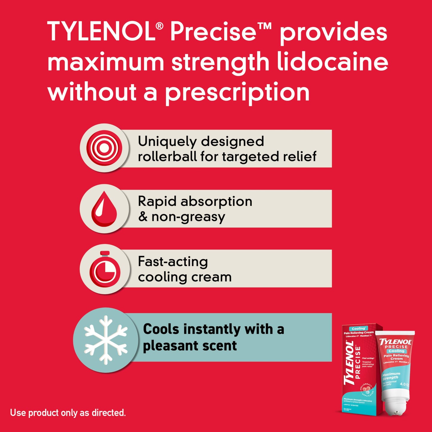 Tylenol Precise Cooling Cream, Strong Pain Relief with Fast-Acting Sensation, 4% Lidocaine, 1% Menthol, Maximum OTC Strength Relief for Back, Muscle & Joint, Numbing Cream Rollerball Applicator, 4 oz TylenolBuy Supplements Australia