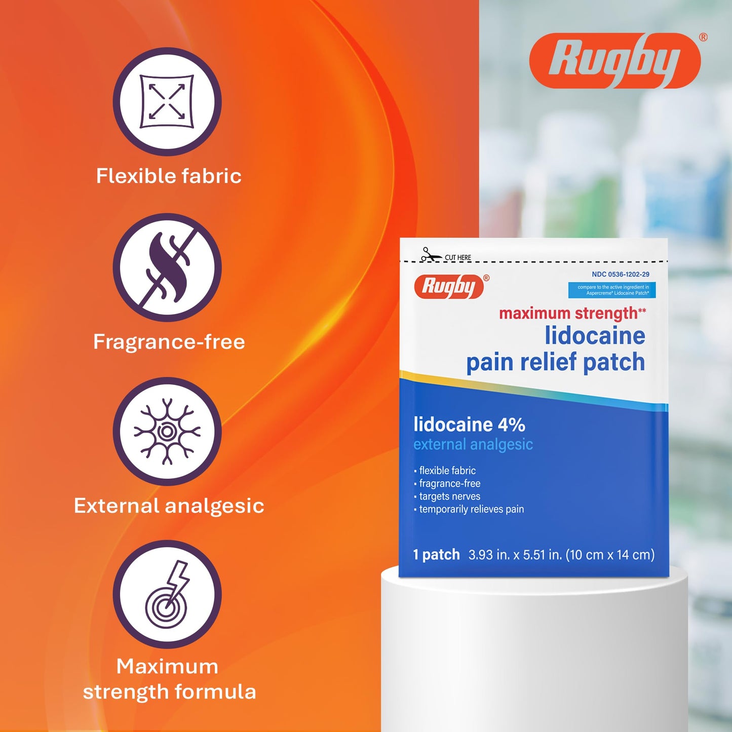 Rugby Maximum Strength 4% Lidocaine Pain Relief Patch- External Analgesic - Flexible Fabric, Fragrance-Free - Temporarily Relieves Pain - 100 Patches (10 cm x 14 cm Each) RUGBY LABORATORIESBuy Supplements Australia