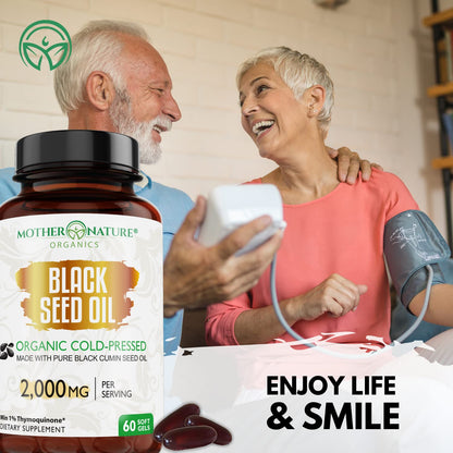 Organic Black Seed Oil 2000mg - 60 Softgel Capsules (Non-GMO) Premium Cold-Pressed Mother Nature Organics Superfoods for Organic LivingBuy Supplements Australia