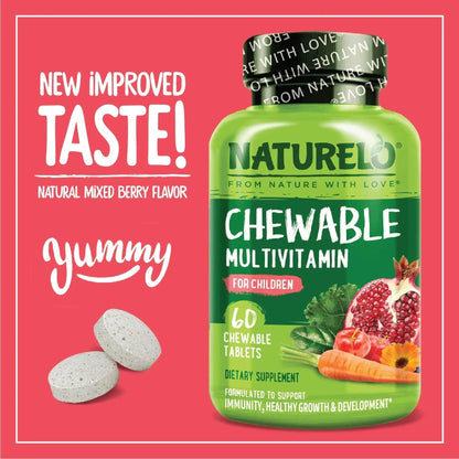 NATURELO Chewable Vitamin for Kids Multivitamin with Whole Food Organic Fruit Blend - 60 Tablets for Children NATURELO