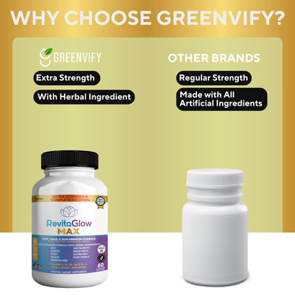 GREENVIFY RevitaGlow Max Hair, Nails & Skin Premium Formula, 60 Capsules, 30-Day Supply, with Biotin, Vitamins A, B1, B5, B6, B12, C, D3, E (1) GREENVIFYBuy Supplements Australia