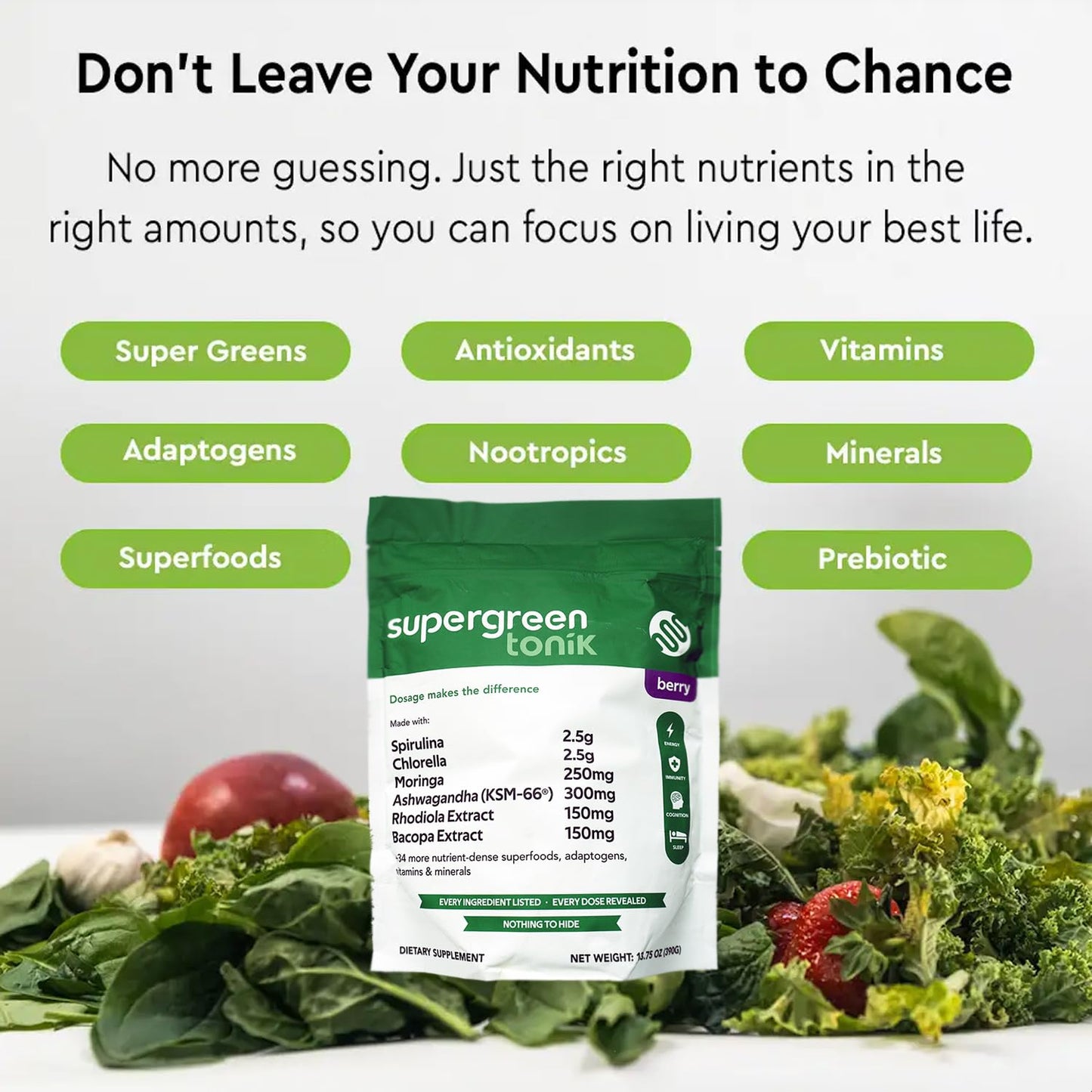 SUPERGREEN TONIK 100% Natural Greens Superfood Powder – Daily Supplement with 40 Superfoods, Vitamins and Minerals – Supports Energy, Stress and Immunity – 30 Days 360 Grams Berry Flavor (1 Bag) SUPERGREEN TONIKBuy Supplements Australia