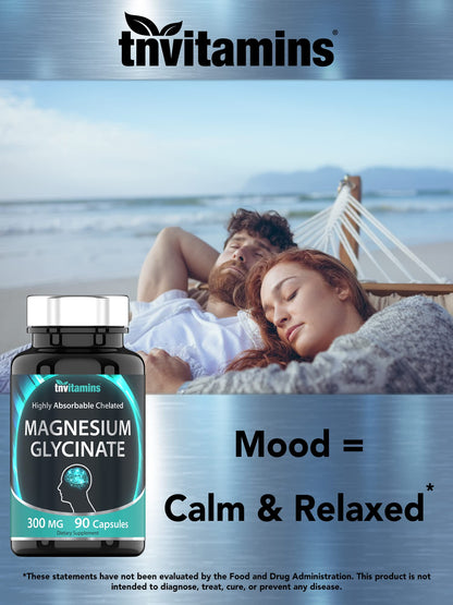 tnvitamins Magnesium Glycinate 300mg, 90 Capsules | High Absorption Chelated Magnesium for Sleep, Calm & Muscle Support