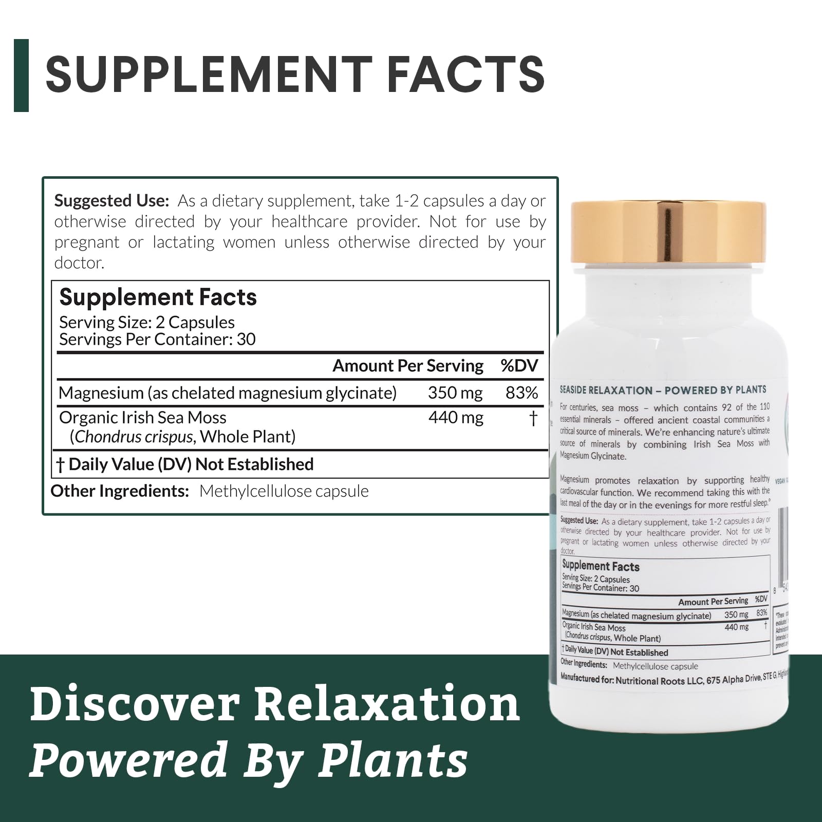 Nutritional Roots - Magnesium + Irish Sea Moss - 350mg Magnesium Glycinate & Organic Irish Sea Moss - Essential Minerals - Supports Heart & Bone Health - Dietary Supplement - 30 Servings - 60 Capsules Nutritional RootsBuy Supplements Australia