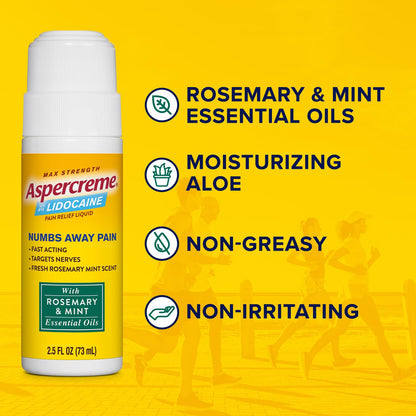 Aspercreme Essential Oils Lidocaine Pain Relief with No-Mess Roll-On Applicator, Max-Strength Lidocaine Numbs Away Nerve Pain, Moisturizing Aloe Hydrates Skin, Rosemary & Mint, 2.5 Oz. AspercremeBuy Supplements Australia