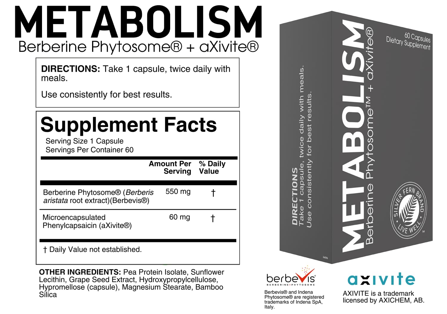 Silver Fern Brand Metabolism Supplement + Berberine Phytosome & aXivite – Supports Function & Wellness – 60 Capsules Silver FernBuy Supplements Australia