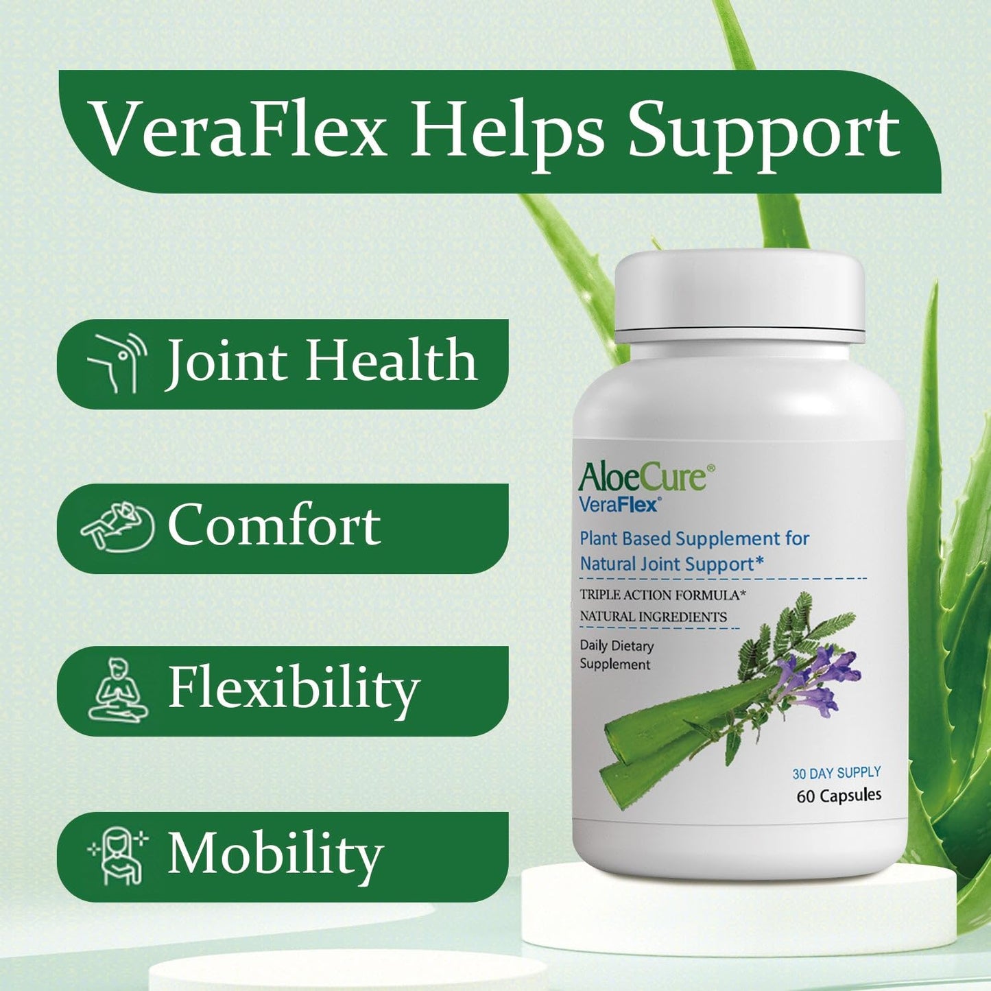 AloeCure VeraFlex Natural Joint Health, 60 Capsules, Clinically Tested Natural Plant-Based Formula to Support Comfort, Mobility and Flexibility - Featuring Organic Aloe Vera, 3-Pack AloeCureBuy Supplements Australia