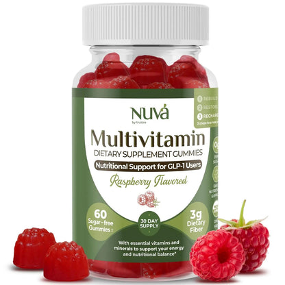 NuVa GLP-1 Support Multivitamin Gummies for Men & Women: Raspberry, Sugar-Free, 3g Fiber for Digestion & Gut Health NuVa