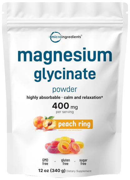Magnesium Powder, 12oz (56 Servings) | Magnesium Glycinate Powder | Sweet Peach Ring Flavored | Sleep, Muscle, Heart & Nerve Health Support | Easily Absorbed | Non-GMO, Vegan, Sugar Free Micro IngredientsBuy Supplements Australia