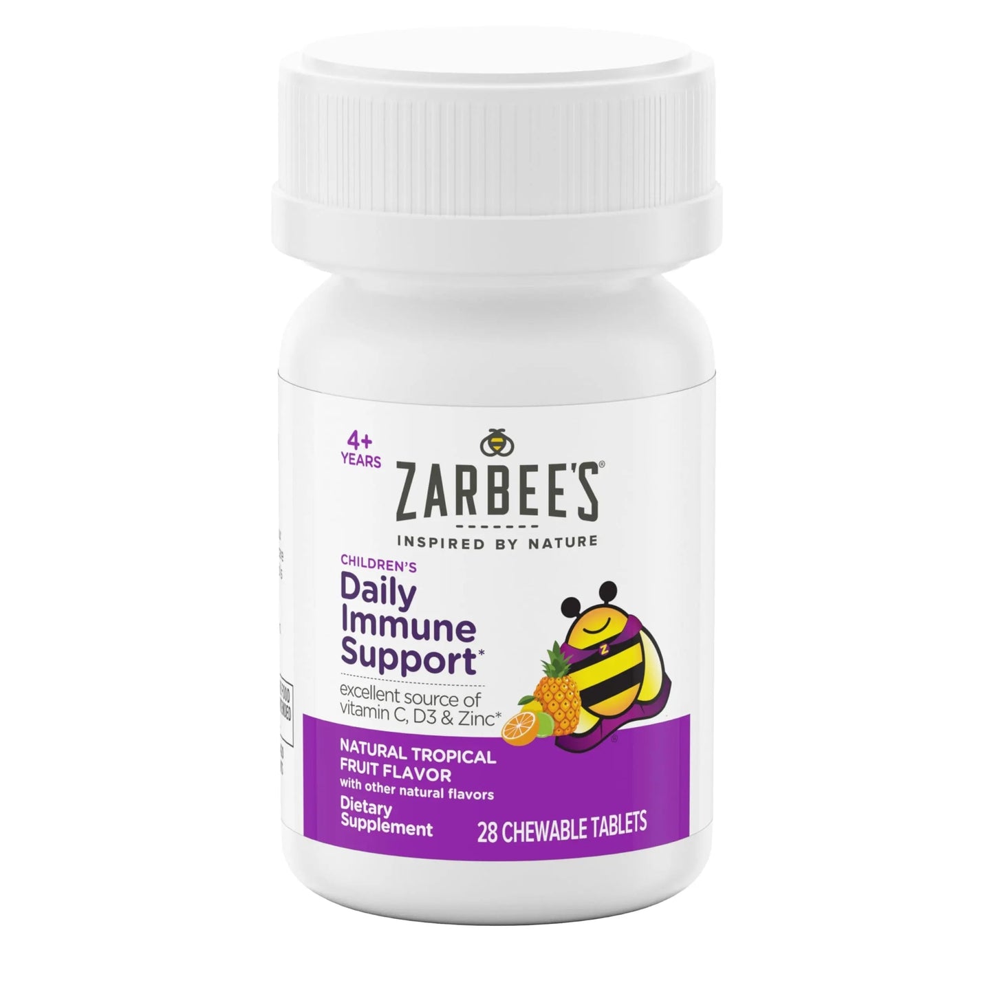 Zarbee's Kids Immune Support, Vitamin C, D & Zinc Daily Immunity Vitamins for Children 4+ Years, Natural Tropical Fruit Flavor, 28 Chewable Tablets Zarbee's