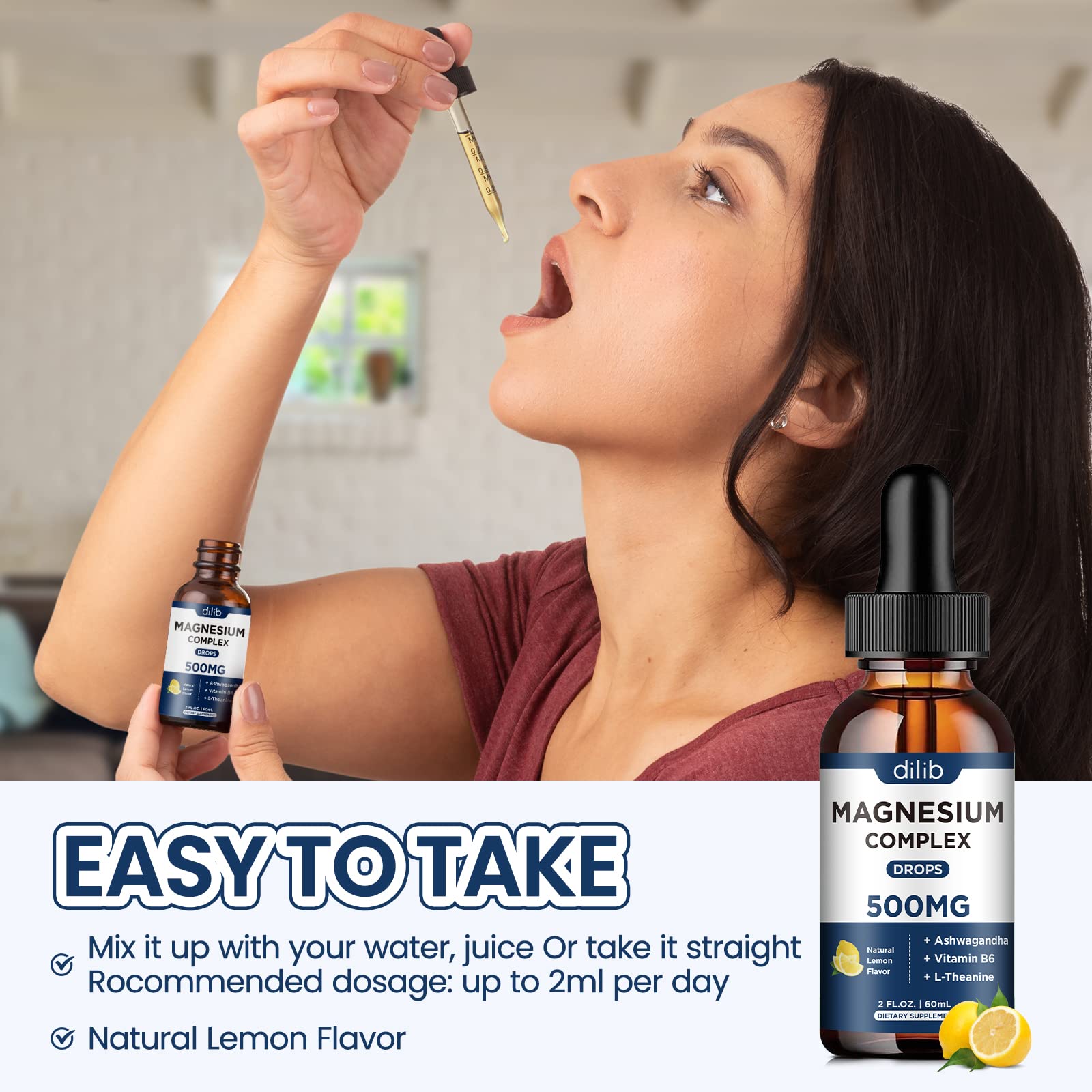Magnesium Glycinate Liquid Drops, Triple Magnesium Complex Supplement with Citrate, Malate 500mg Ashwagandha, L-Theanine, Vitamin B6 for Sleep, Calm, Stress Relief, Bone, Muscle, Mood - Lemon Flavor dilibBuy Supplements Australia