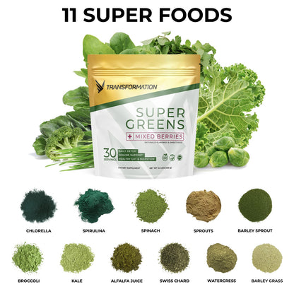 Transformation Super Greens Superfood Green Juice Powder - Immune & Energy Support | Natural Ingredients | Detoxifying & Alkalizing Minerals - Spirulina, Chlorella, Wheatgrass, Spinach, Alfalfa SPR BODYBuy Supplements Australia